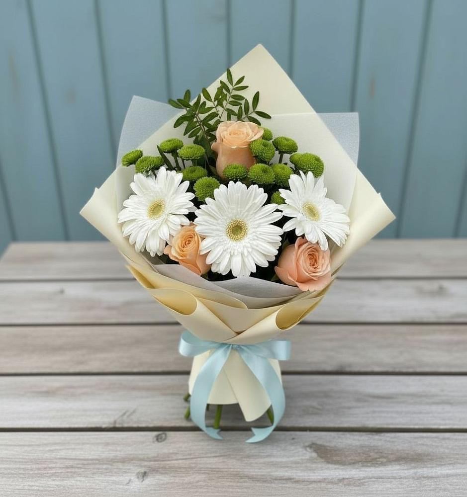 Букет цветов из: Герберы, Розы и Хризантемы в Нижнем Баскунчаке