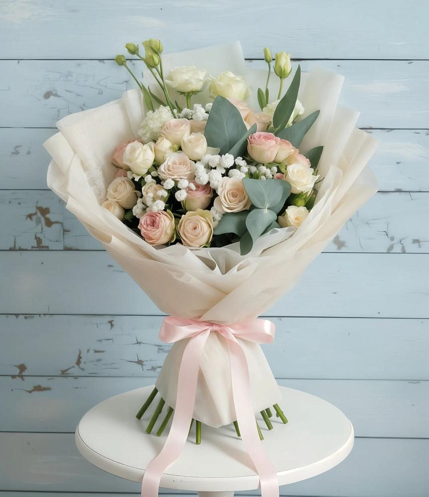 Букет цветов из: Розы и Лизиантусы в Нижнем Баскунчаке