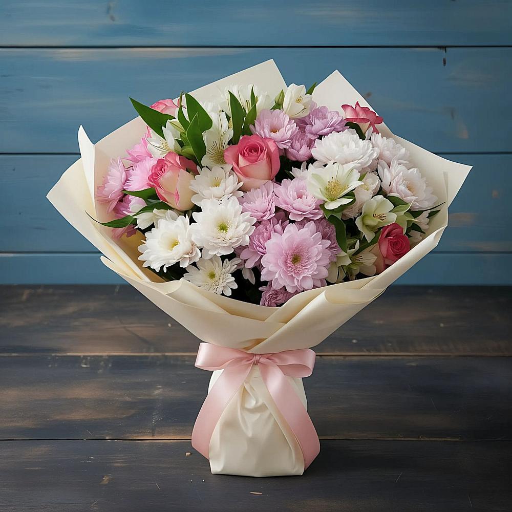 Букет цветов из: Хризантемы, Альстромерии и Розы в Нижнем Баскунчаке